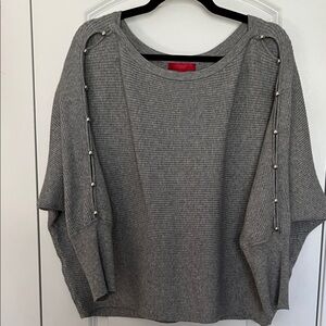 Gray Knit Sweater with Open Button Details Down Sleeves Batwing Scoop Neck XL